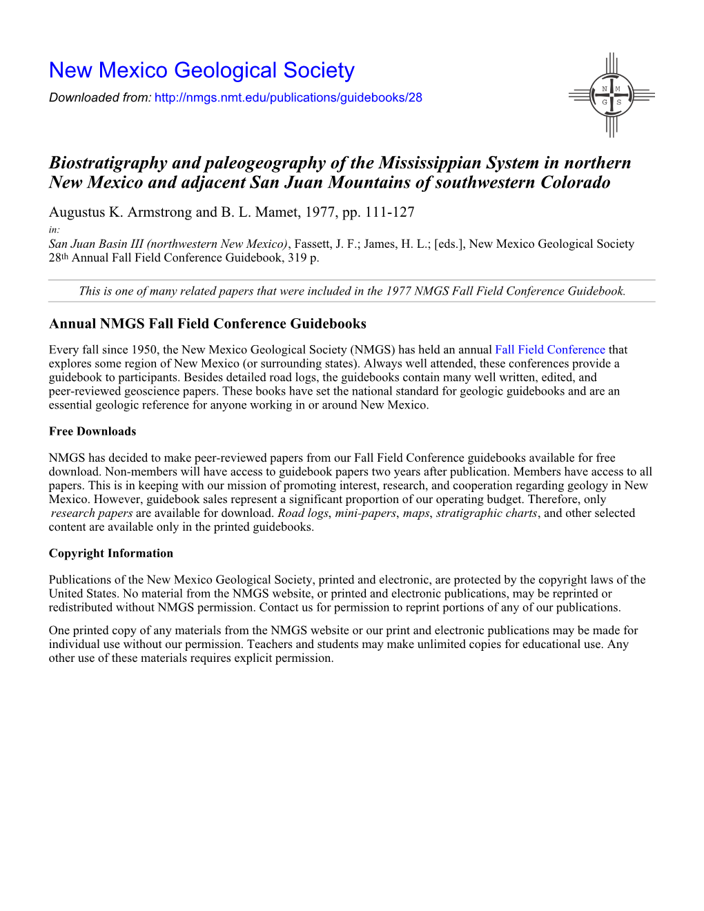 Biostratigraphy and Paleogeography of the Mississippian System in Northern New Mexico and Adjacent San Juan Mountains of Southwestern Colorado Augustus K