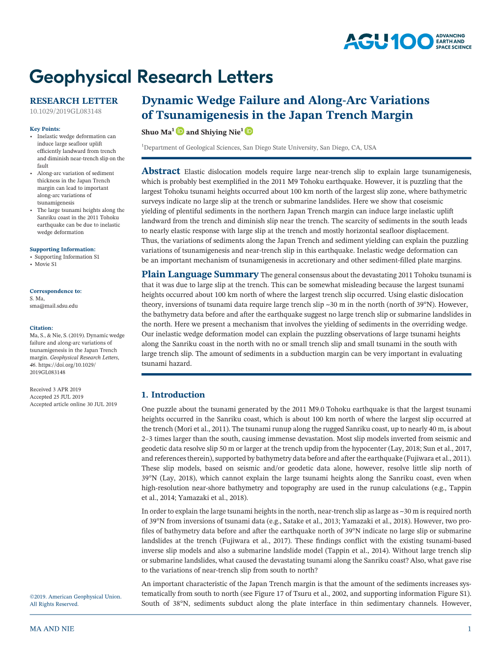 Dynamic Wedge Failure and Along-Arc Variations of Tsunamigenesis in the Japan Trench Margin