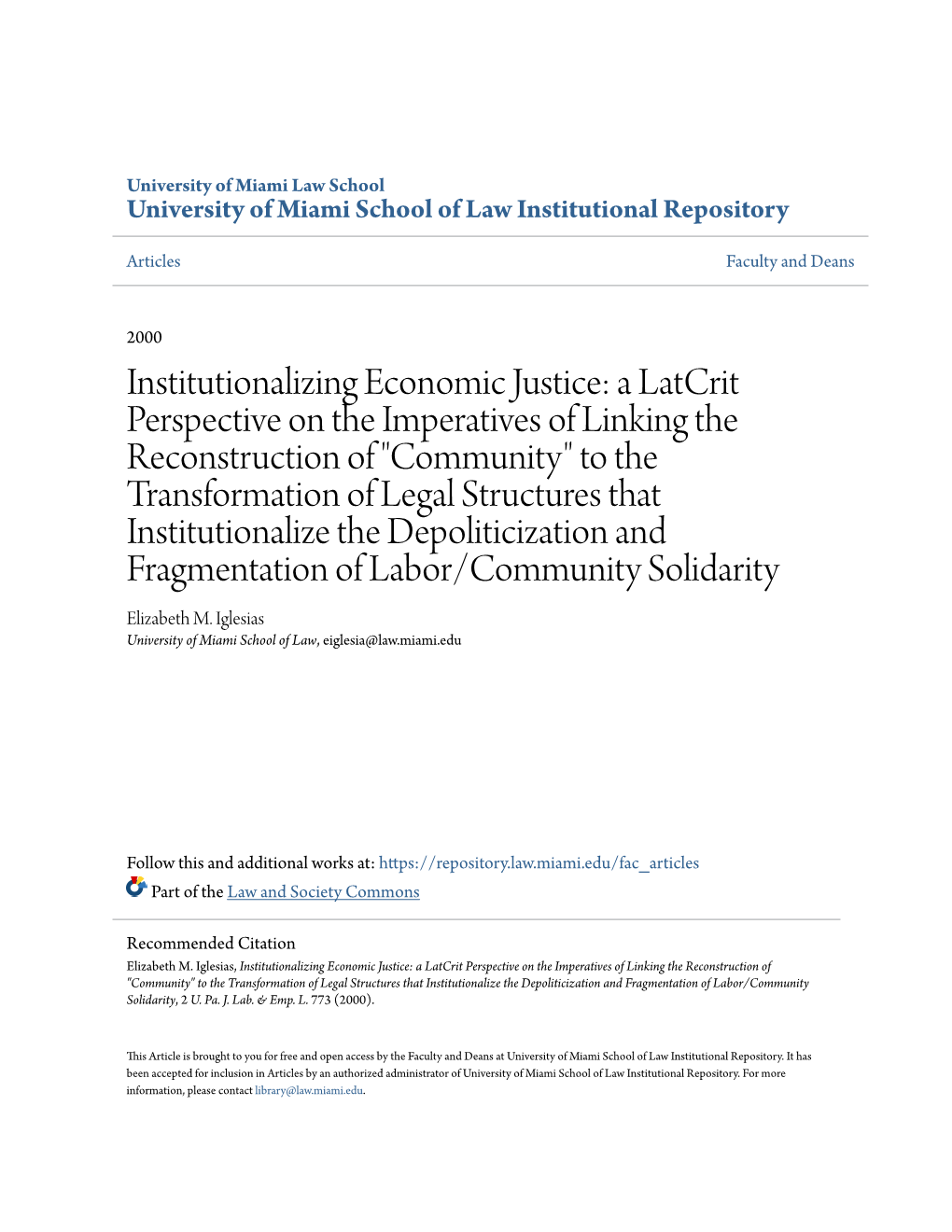 Institutionalizing Economic Justice: a Latcrit Perspective on The