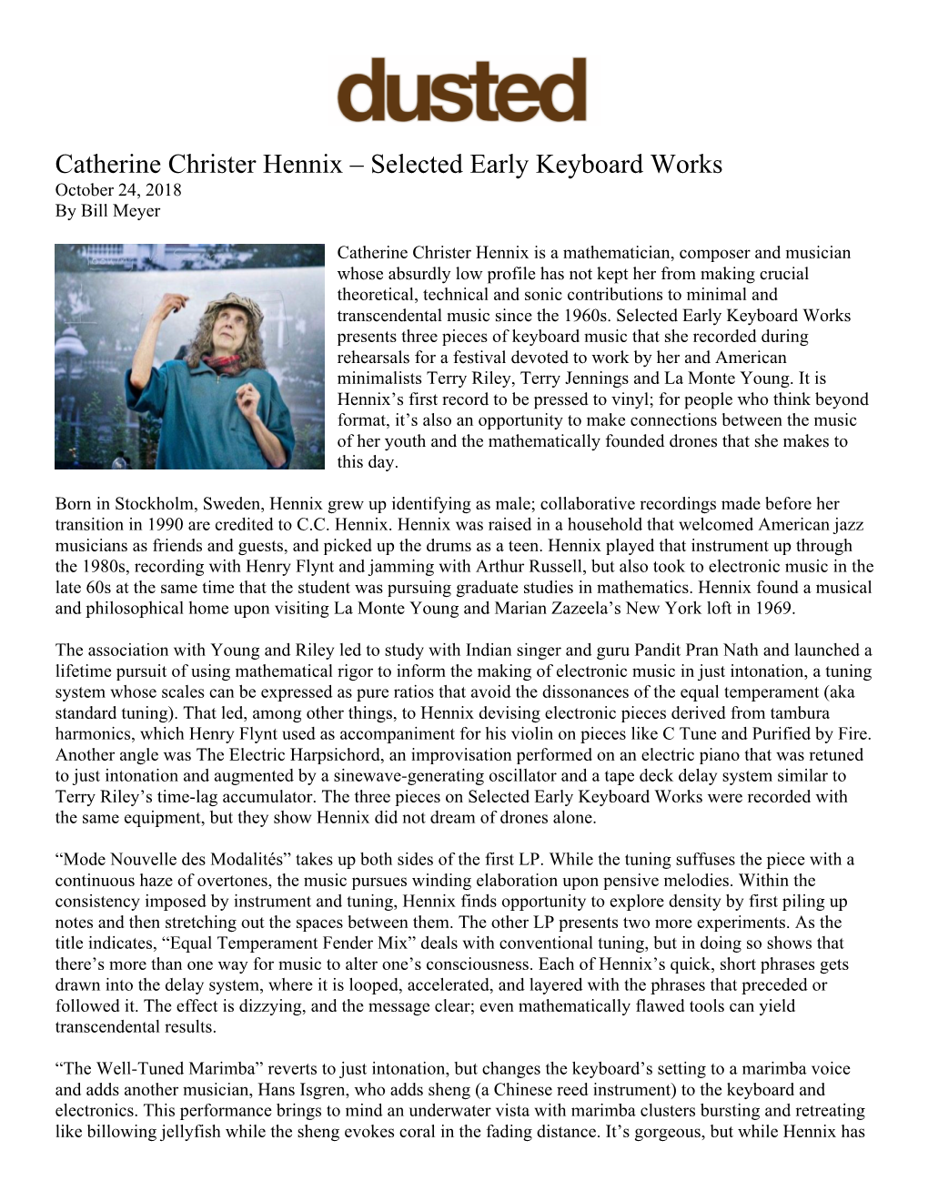 Catherine Christer Hennix – Selected Early Keyboard Works October 24, 2018 by Bill Meyer