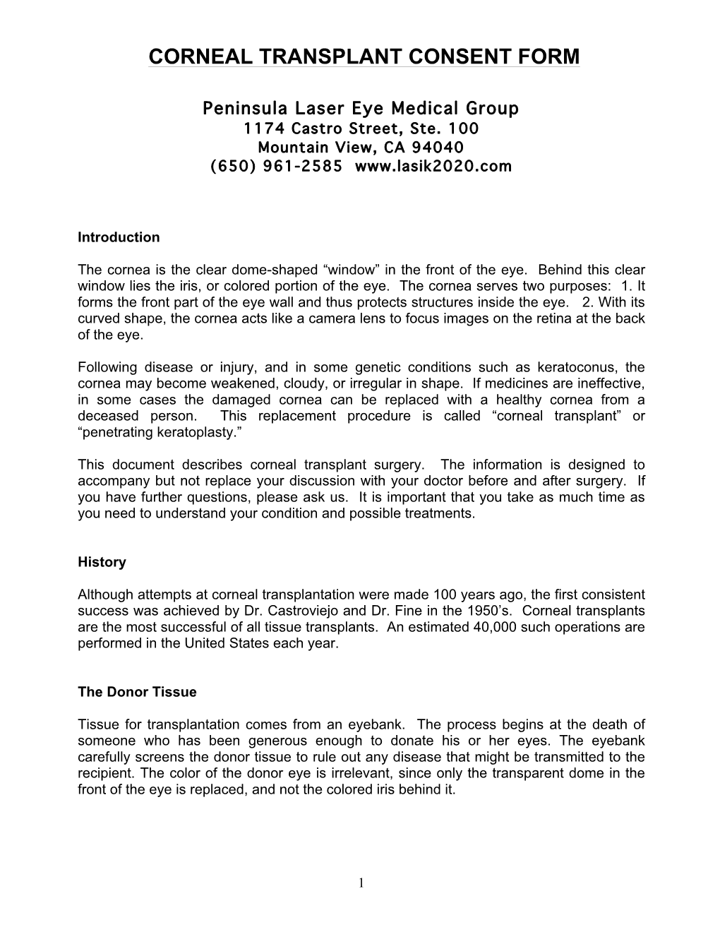 Corneal Transplant Consent Form