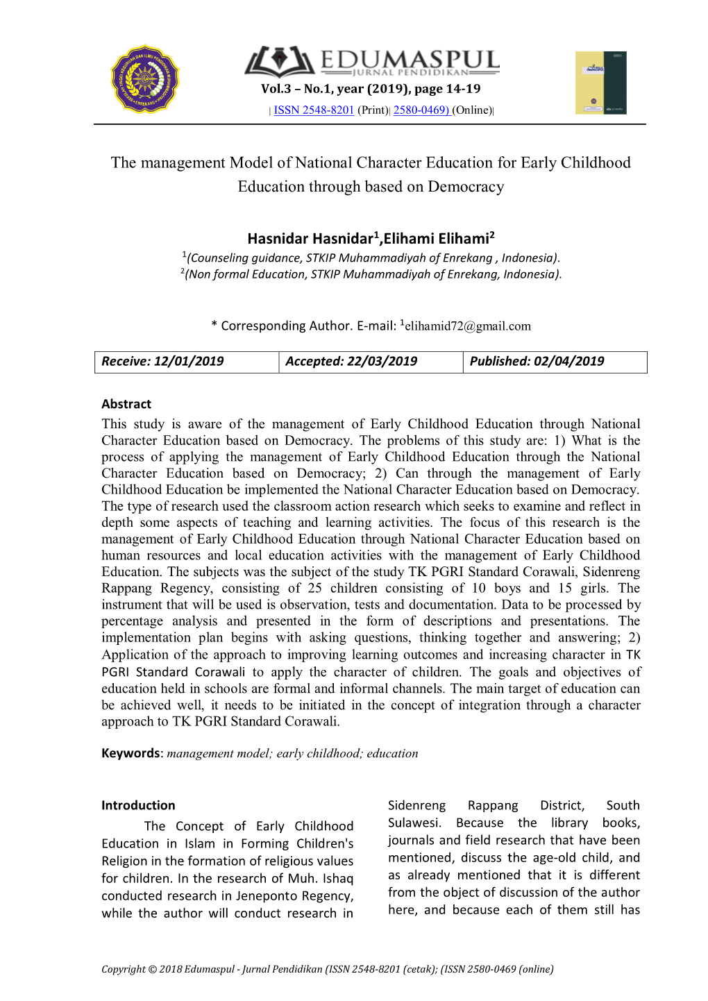 The Management Model of National Character Education for Early Childhood Education Through Based on Democracy