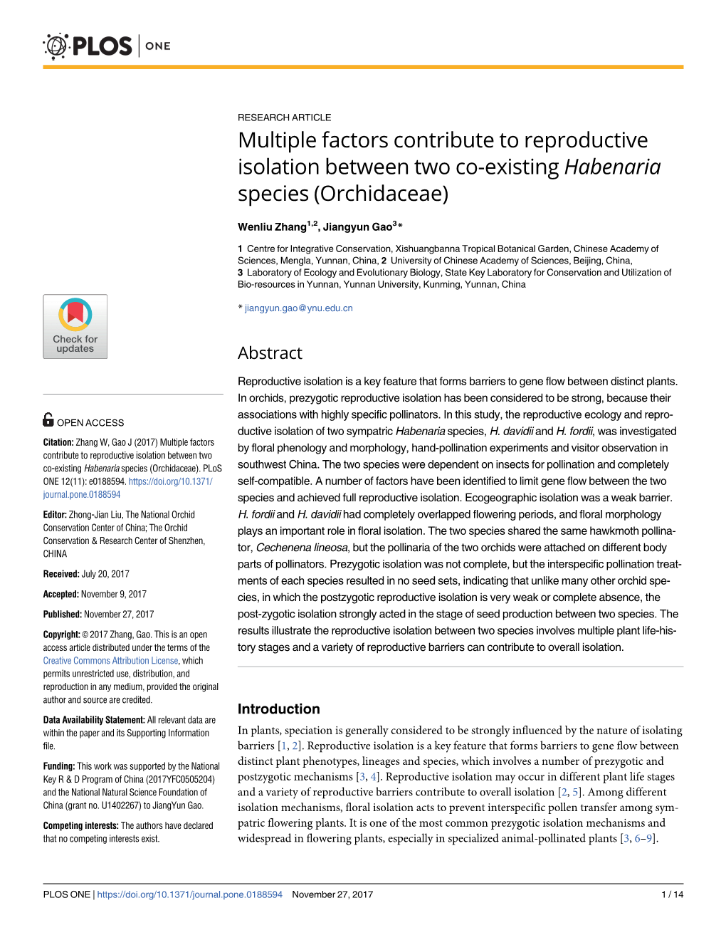 Multiple Factors Contribute to Reproductive Isolation Between Two Co-Existing Habenaria Species (Orchidaceae)