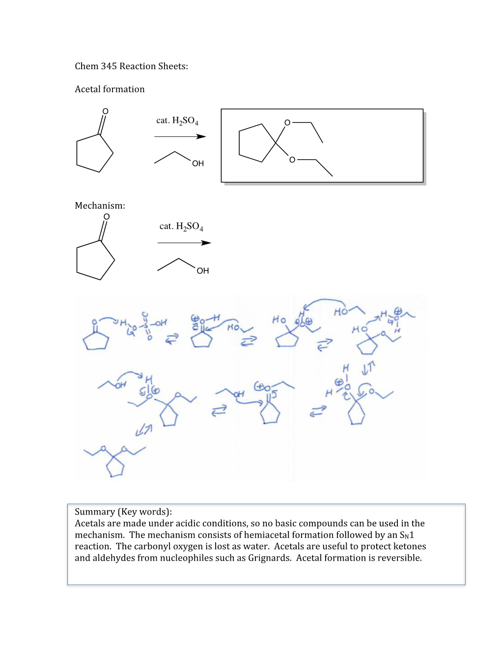 Chem 345 Reaction Sheets: Acetal Formation Mechanism: Summary