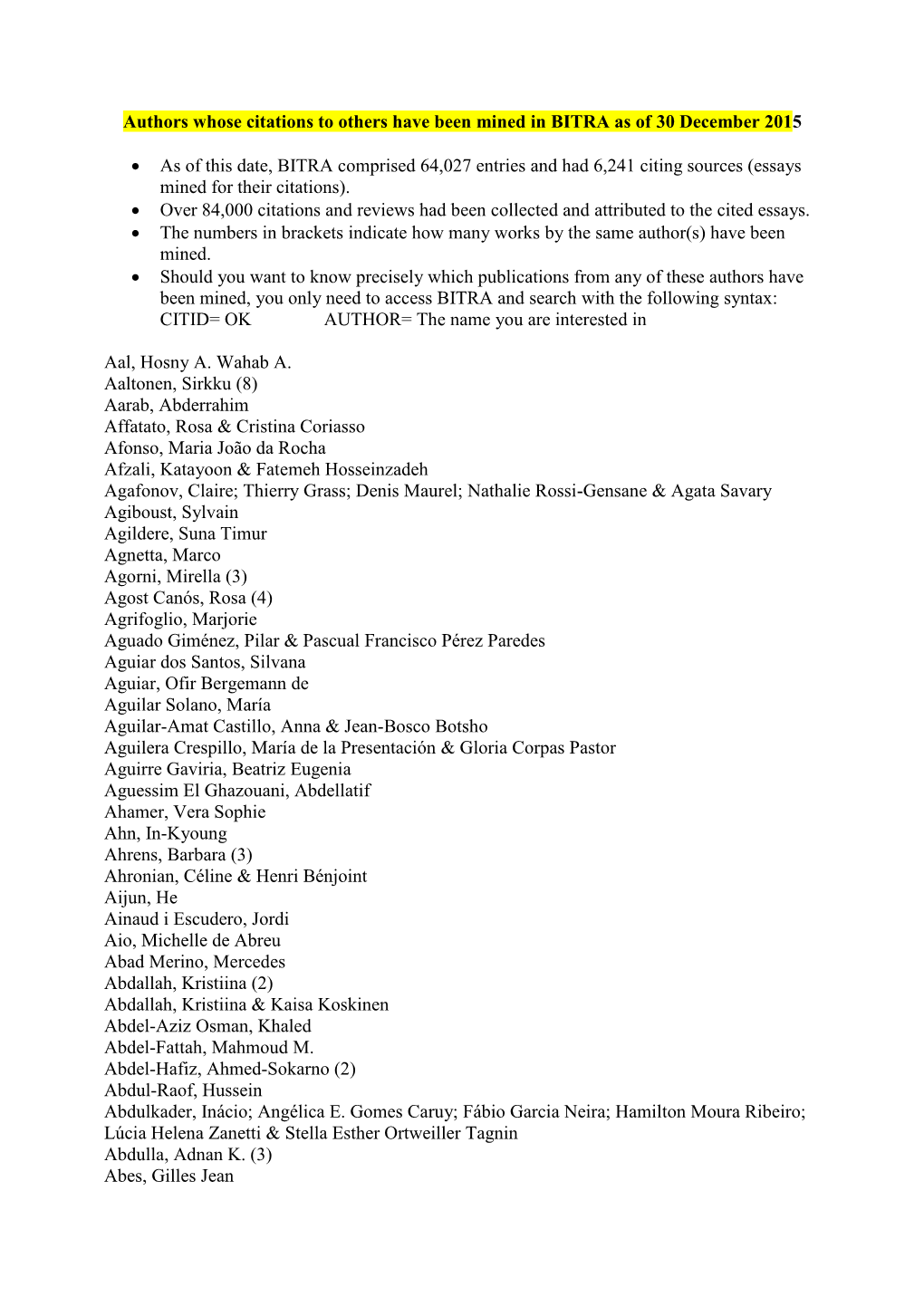 Authors Whose Citations to Others Have Been Mined in BITRA As of 30 December 2015