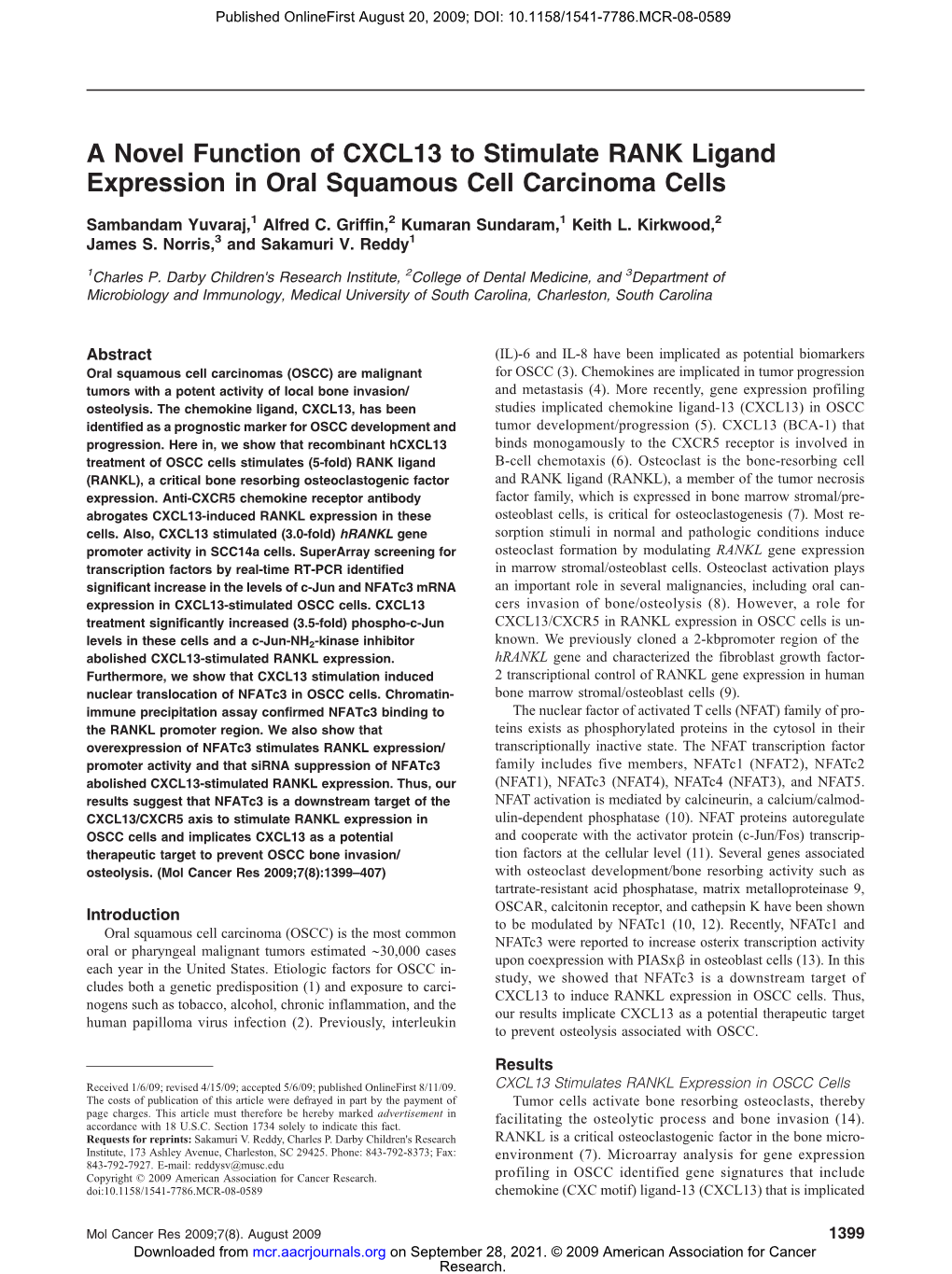 A Novel Function of CXCL13 to Stimulate RANK Ligand Expression in Oral Squamous Cell Carcinoma Cells