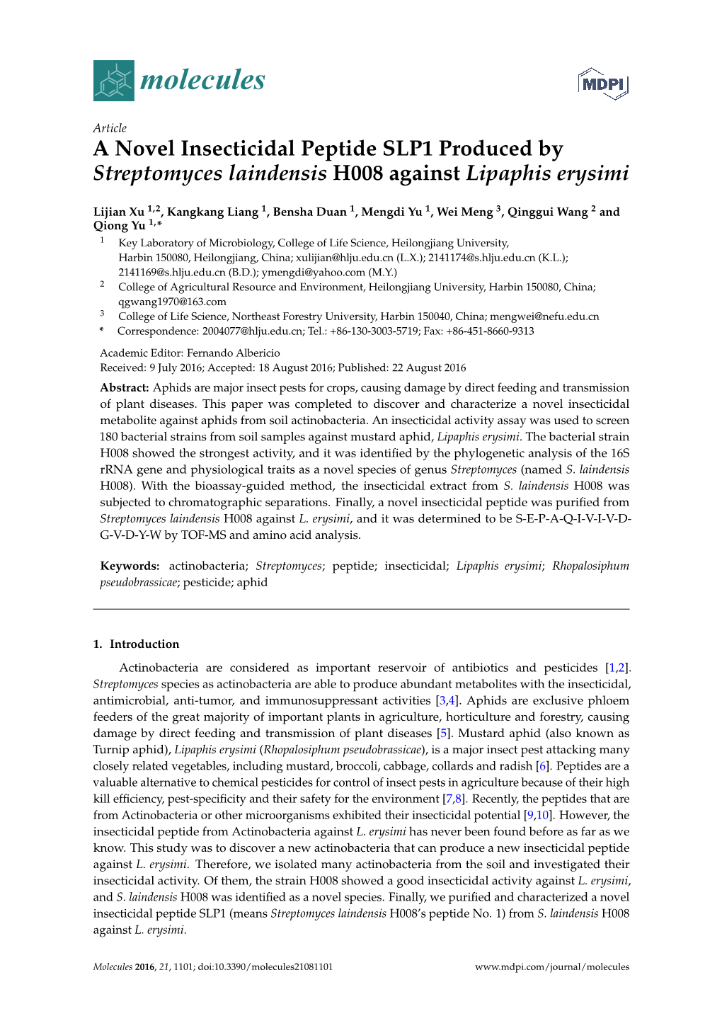 A Novel Insecticidal Peptide SLP1 Produced by Streptomyces Laindensis H008 Against Lipaphis Erysimi