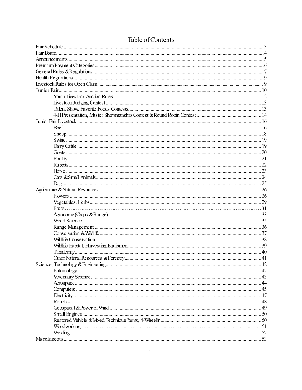 Table of Contents Fair Schedule