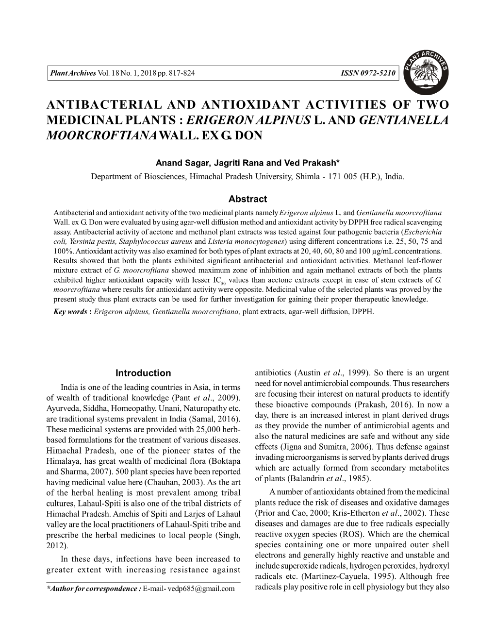 Antibacterial and Antioxidant Activities of Two Medicinal Plants : Erigeron Alpinus L