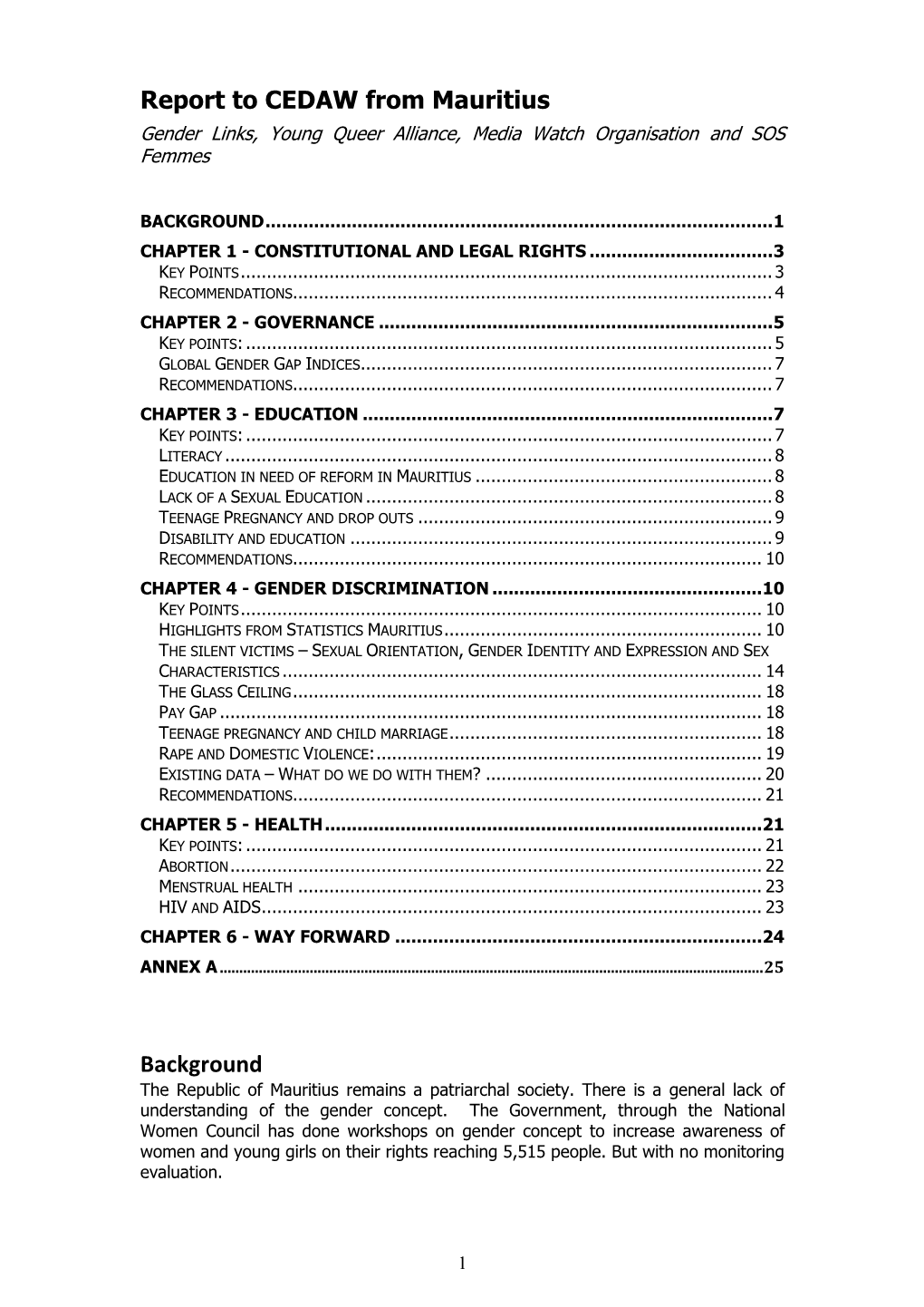 Report to CEDAW from Mauritius Background