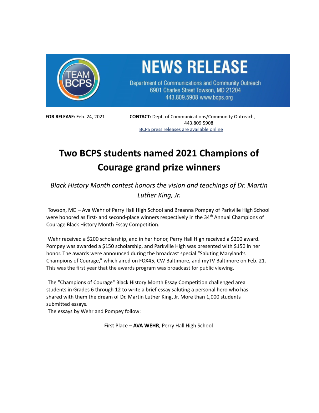 PR -- Champions of Courage 2021 Top Essayists 02242021