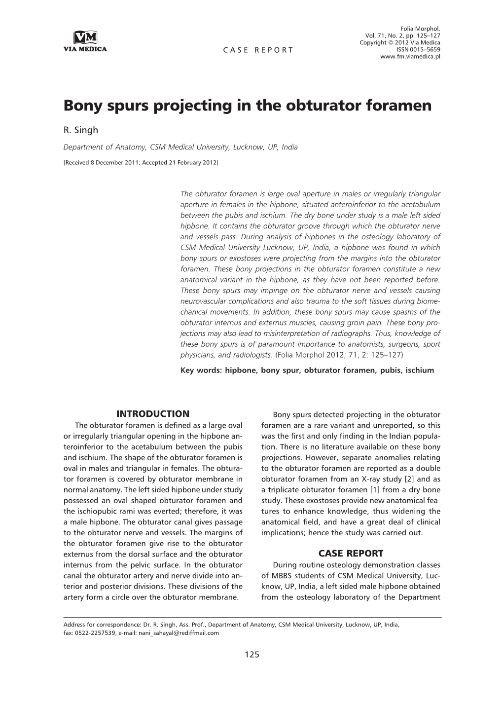 Bony Spurs Projecting in the Obturator Foramen