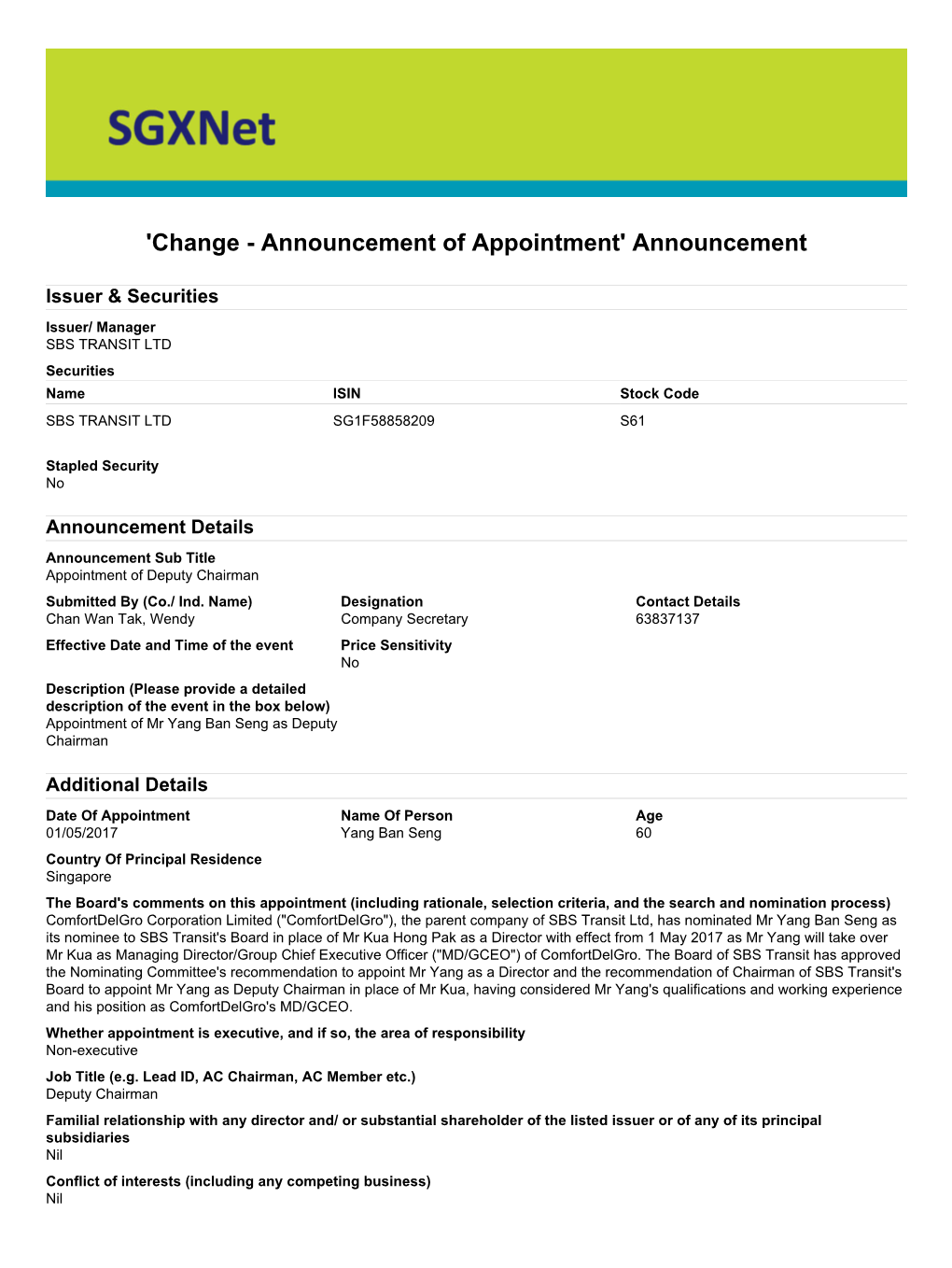 'Change - Announcement of Appointment' Announcement
