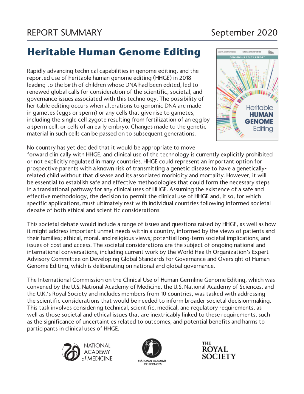 Heritable Human Genome Editing, Report Summary