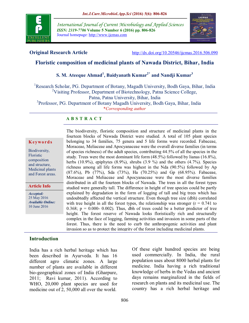 Floristic Composition of Medicinal Plants of Nawada District, Bihar, India