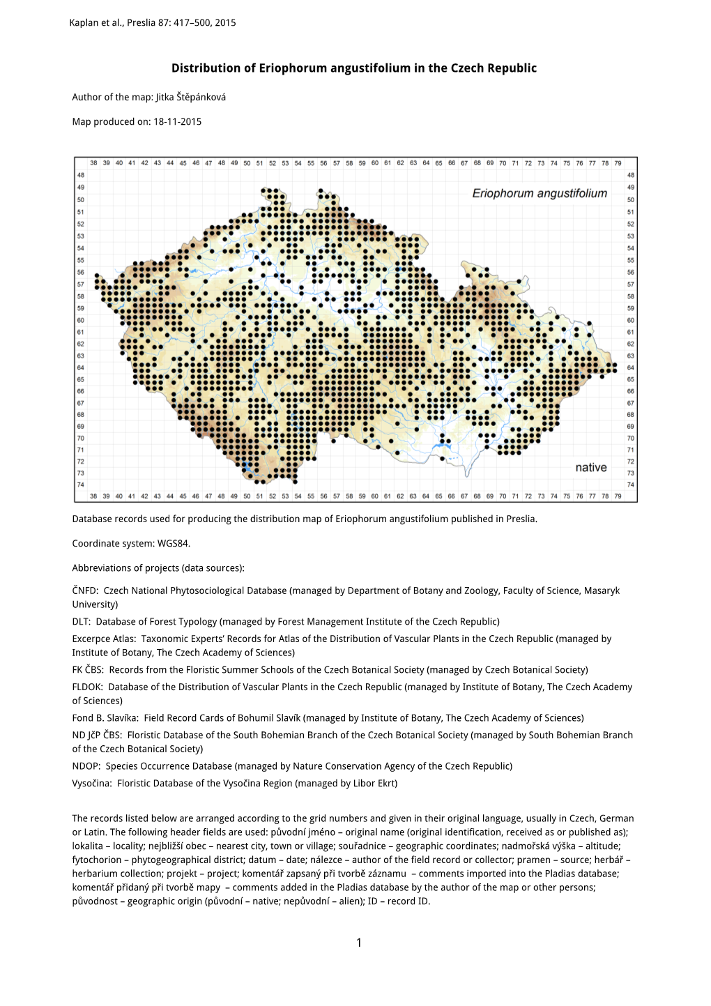 1 Distribution of Eriophorum Angustifolium in the Czech Republic