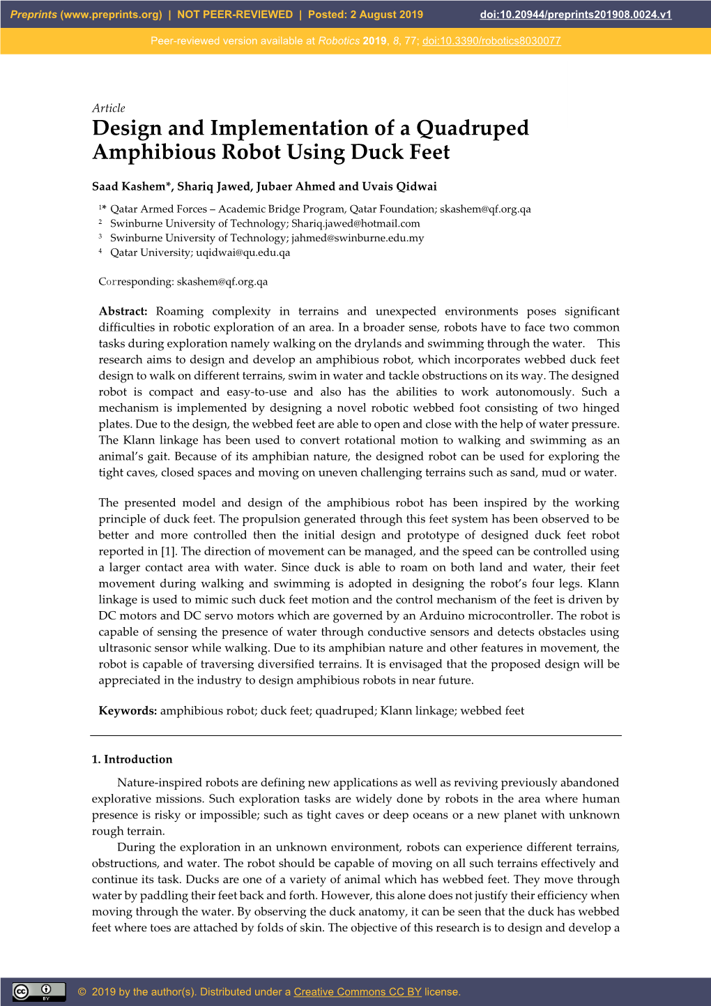 Article Design and Implementation of a Quadruped Amphibious Robot Using Duck Feet