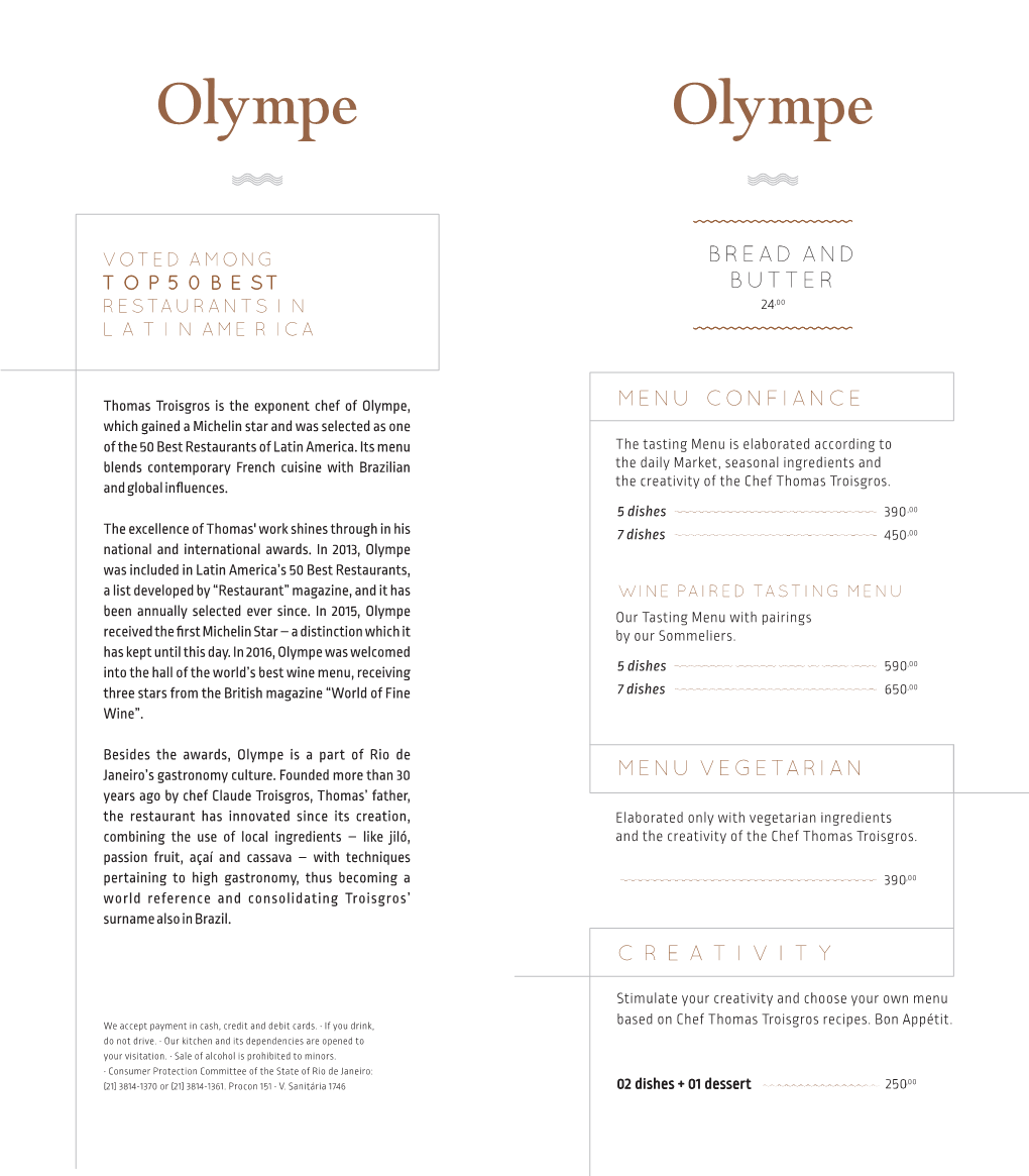 Menu Olympe 2018