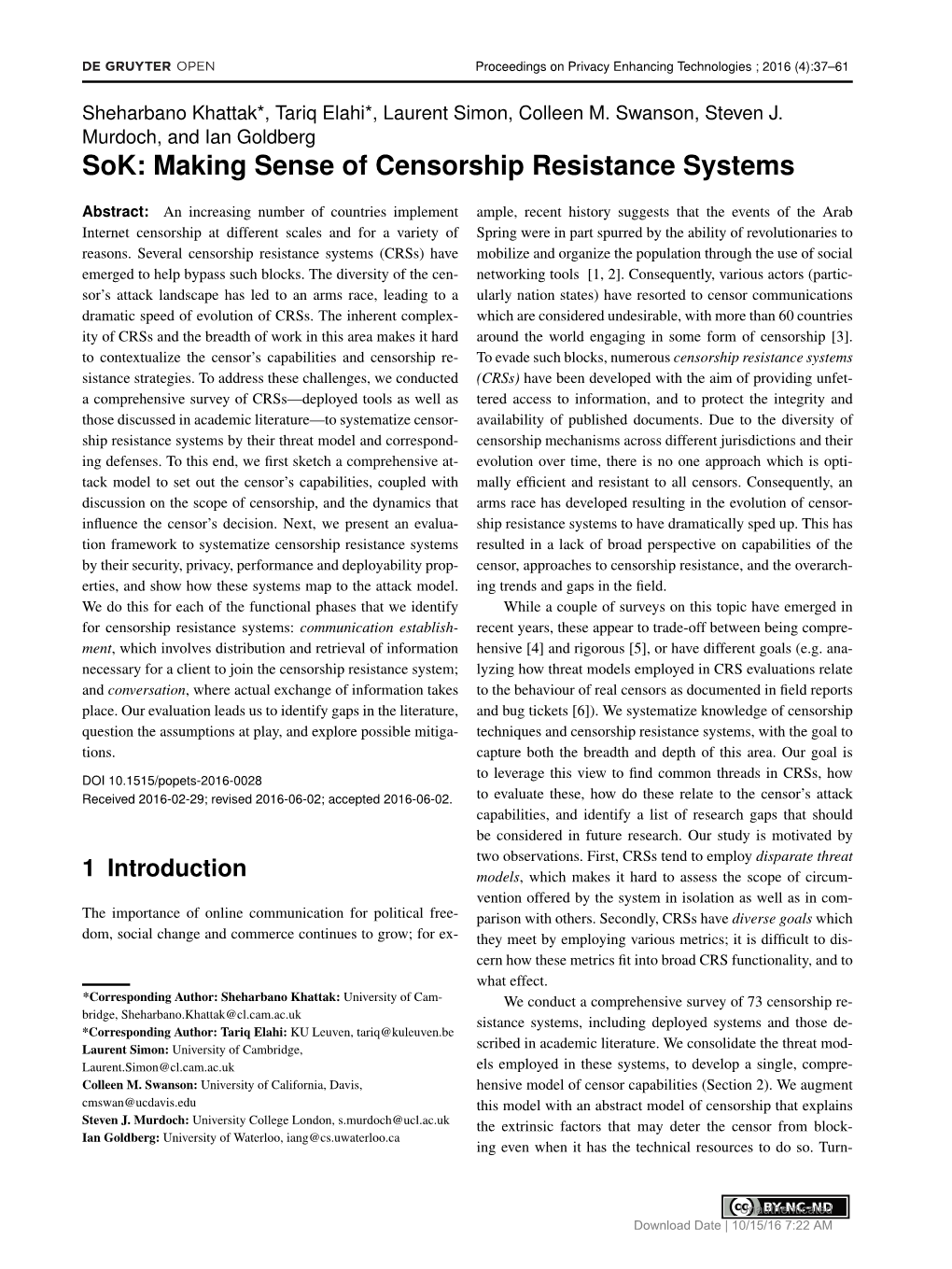 Sok: Making Sense of Censorship Resistance Systems