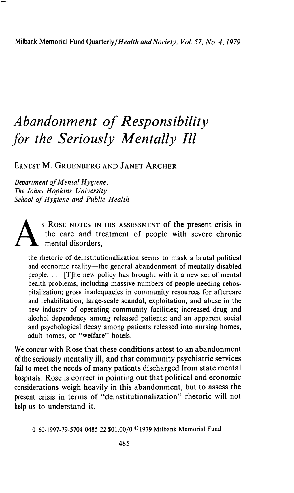 Abandonment of Responsibility for the Seriously Mentally III