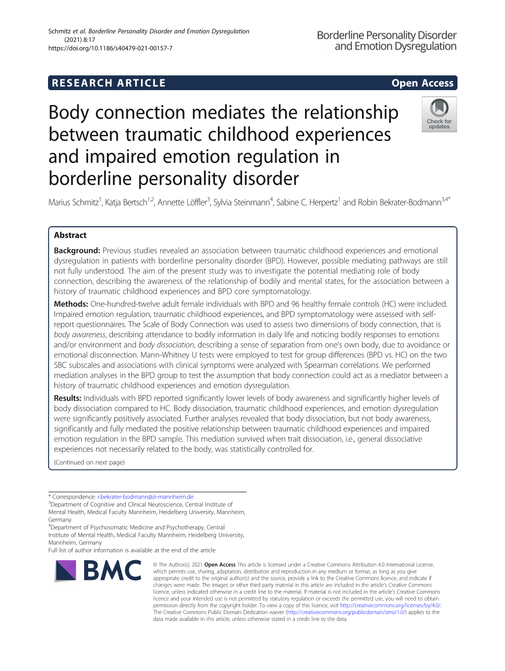 Body Connection Mediates the Relationship Between Traumatic