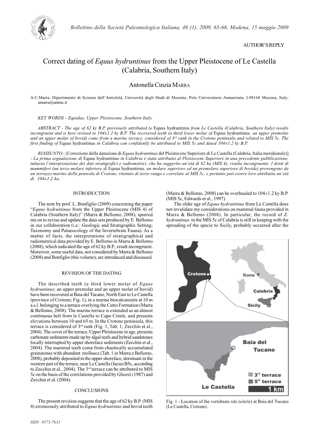 Correct Dating of Equus Hydruntinus from the Upper Pleistocene of Le Castella (Calabria, Southern Italy)