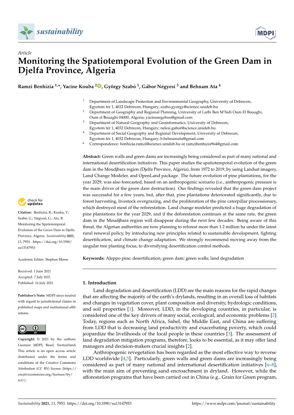 Monitoring the Spatiotemporal Evolution of the Green Dam in Djelfa Province, Algeria