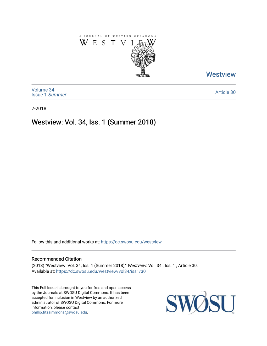 Westview: Vol. 34, Iss. 1 (Summer 2018)