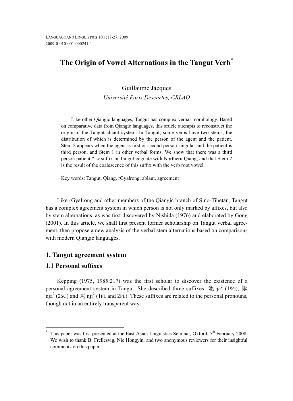 The Origin of Vowel Alternations in the Tangut Verb*