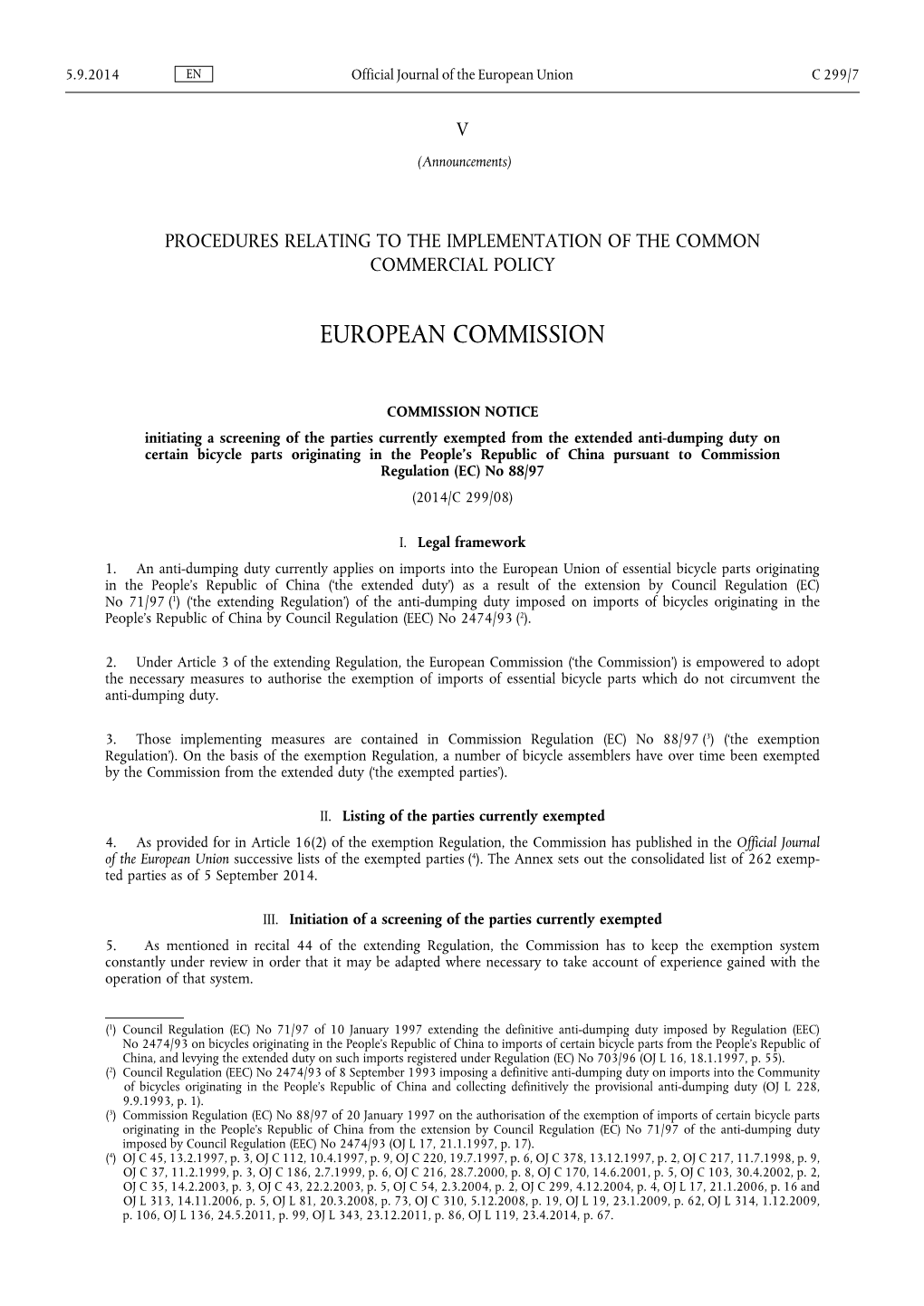 Commission Notice Initiating a Screening of the Parties Currently