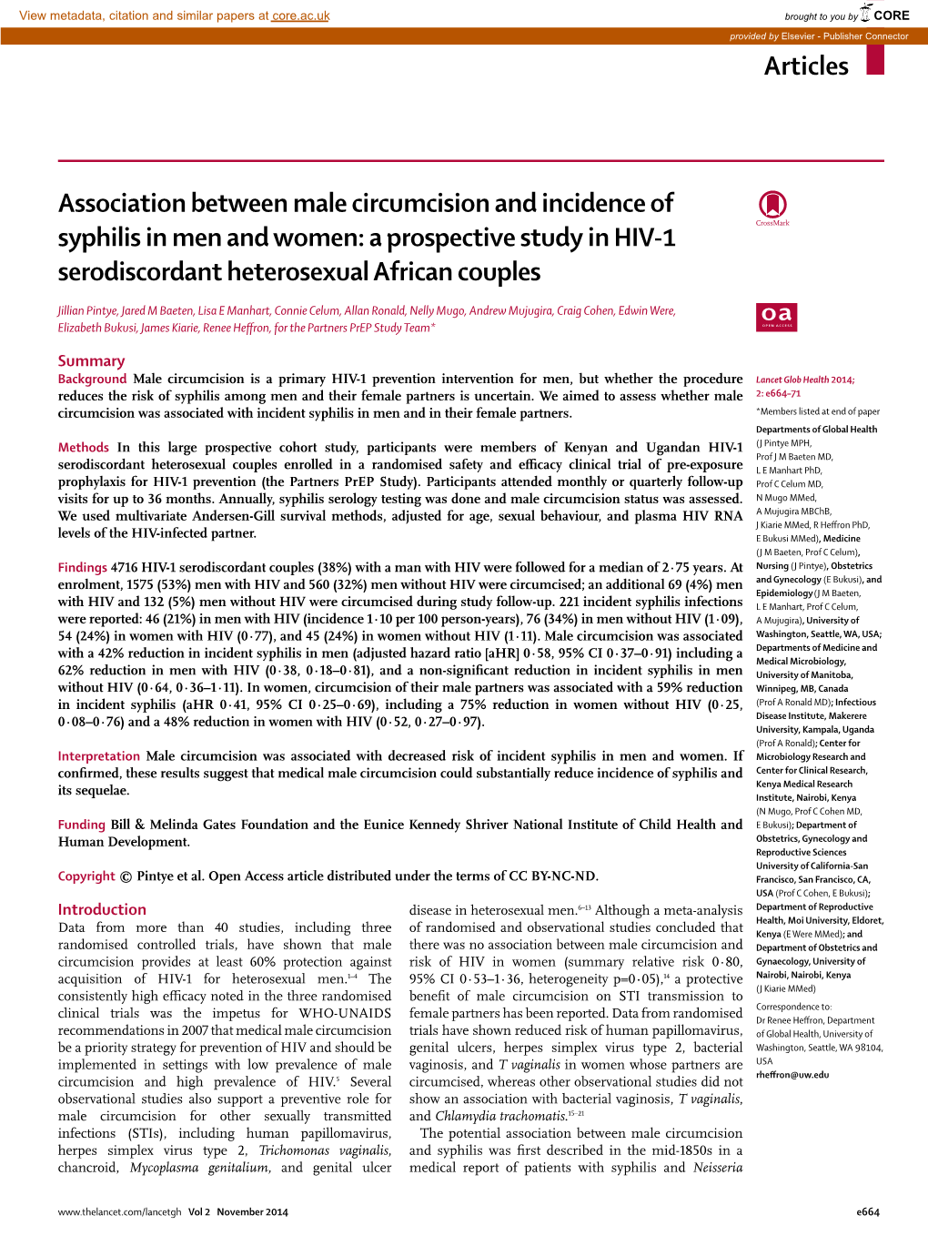 Association Between Male Circumcision and Incidence of Syphilis in Men and Women: a Prospective Study in HIV-1 Serodiscordant Heterosexual African Couples