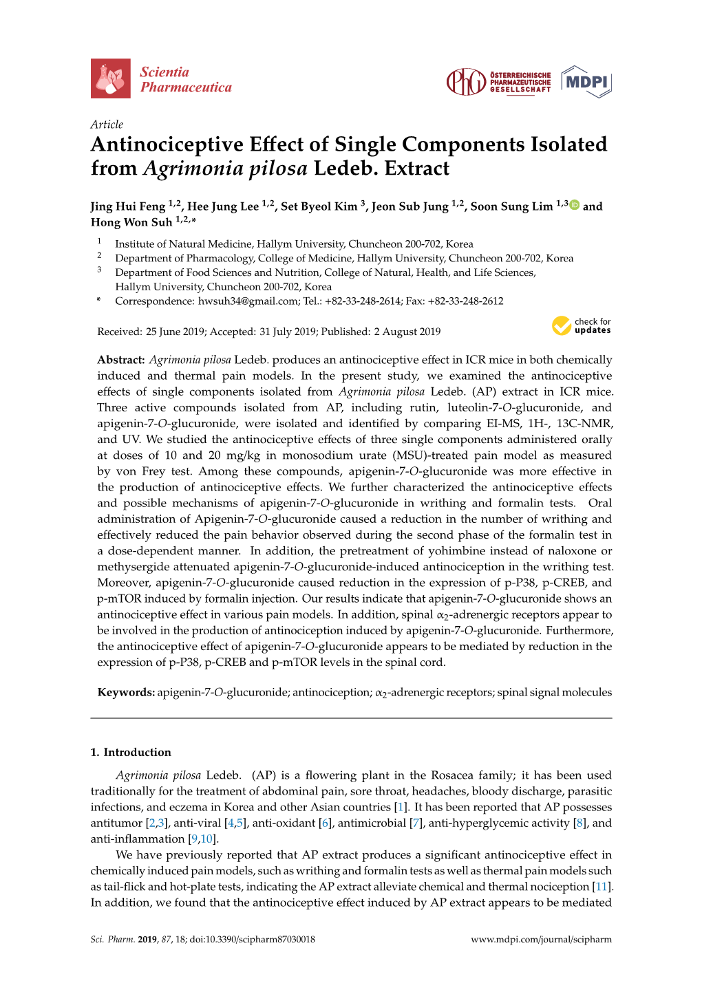 Antinociceptive Effect of Single Components Isolated from Agrimonia Pilosa Ledeb. Extract