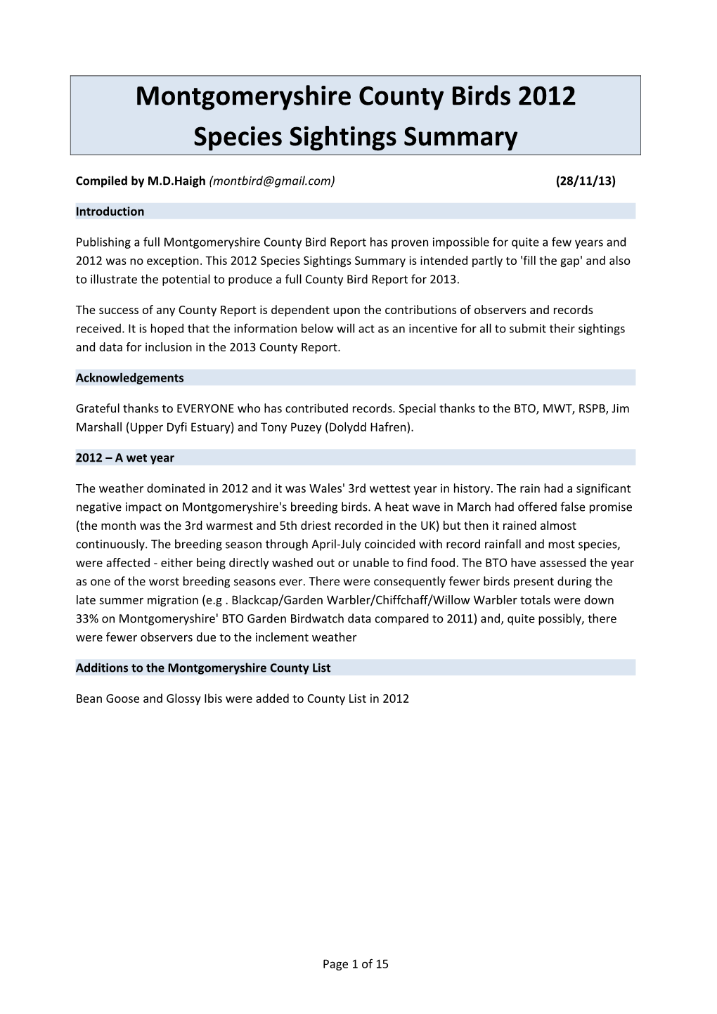 Montgomeryshire County Birds 2012 Species Sightings Summary