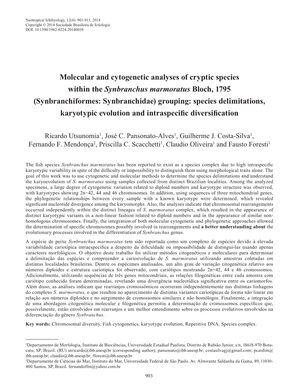 Molecular and Cytogenetic Analyses of Cryptic Species Within the Synbranchus Marmoratus Bloch, 1795 (Synbranchiformes: Synbranchidae) Grouping: Species Delimitations, Karyotypic