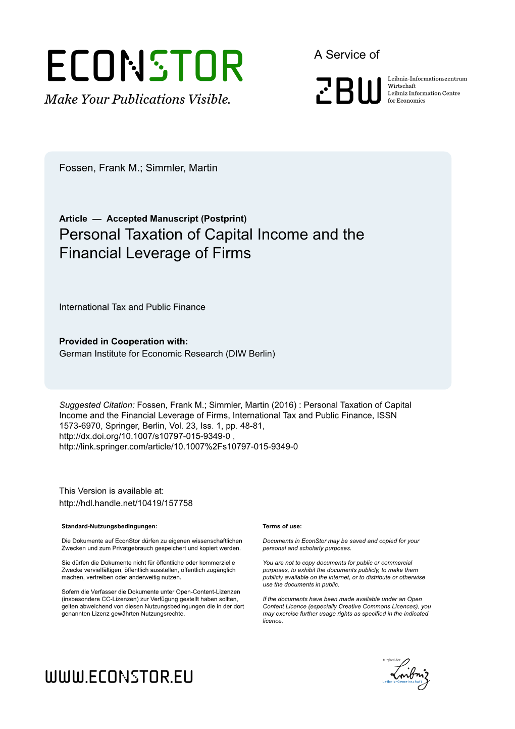Personal Taxation of Capital Income and the Financial Leverage of Firms