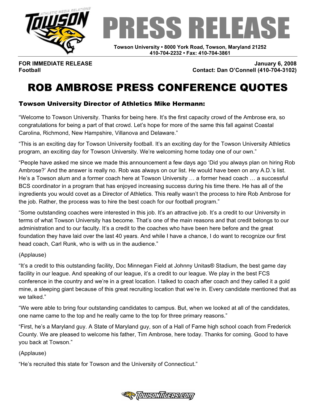 PRESS RELEASE Towson University • 8000 York Road, Towson, Maryland 21252 410-704-2232 • Fax: 410-704-3861