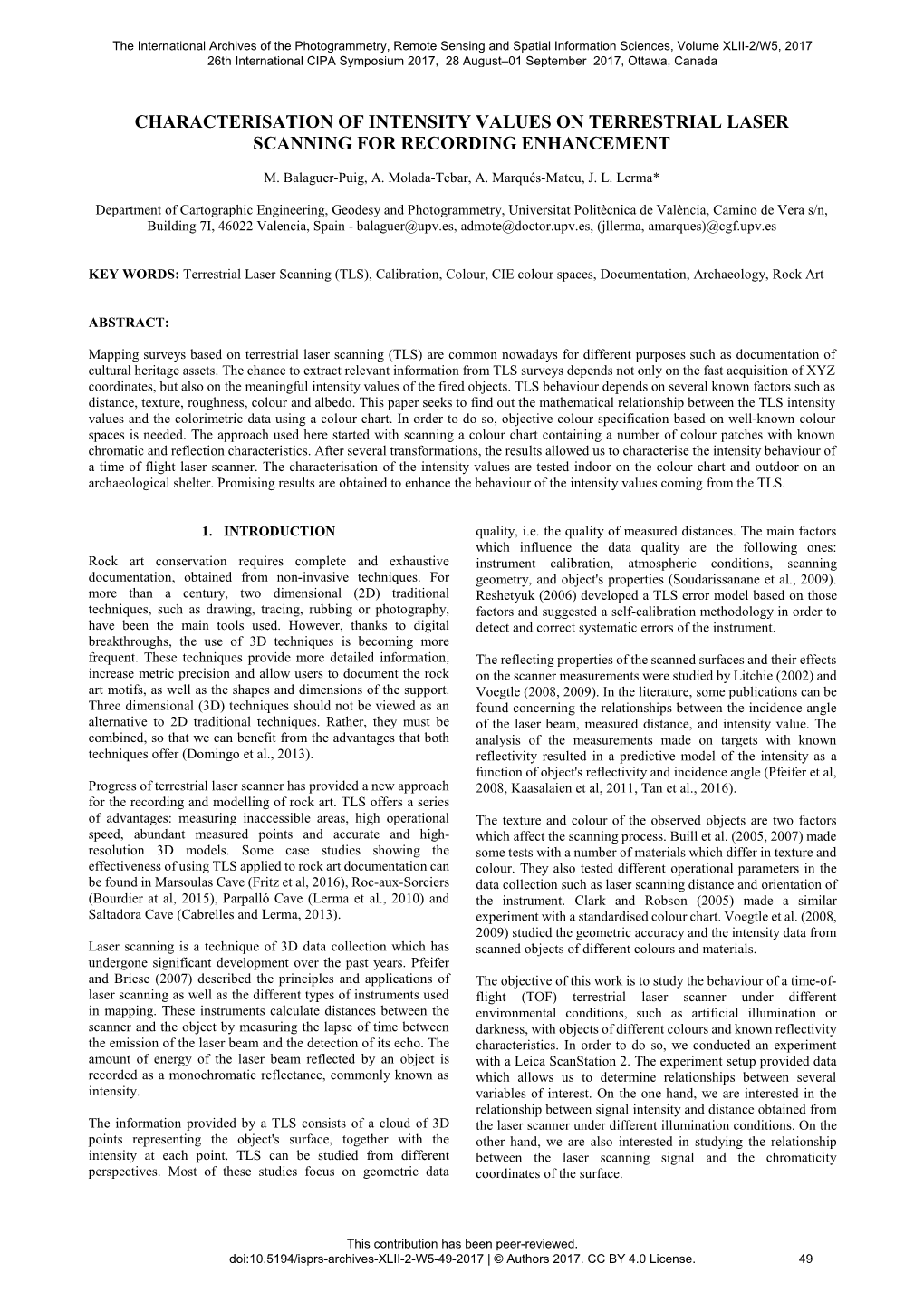 Characterisation of Intensity Values on Terrestrial Laser Scanning for Recording Enhancement