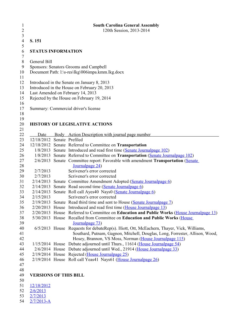 2013-2014 Bill 151: Commercial Driver's License - South Carolina Legislature Online