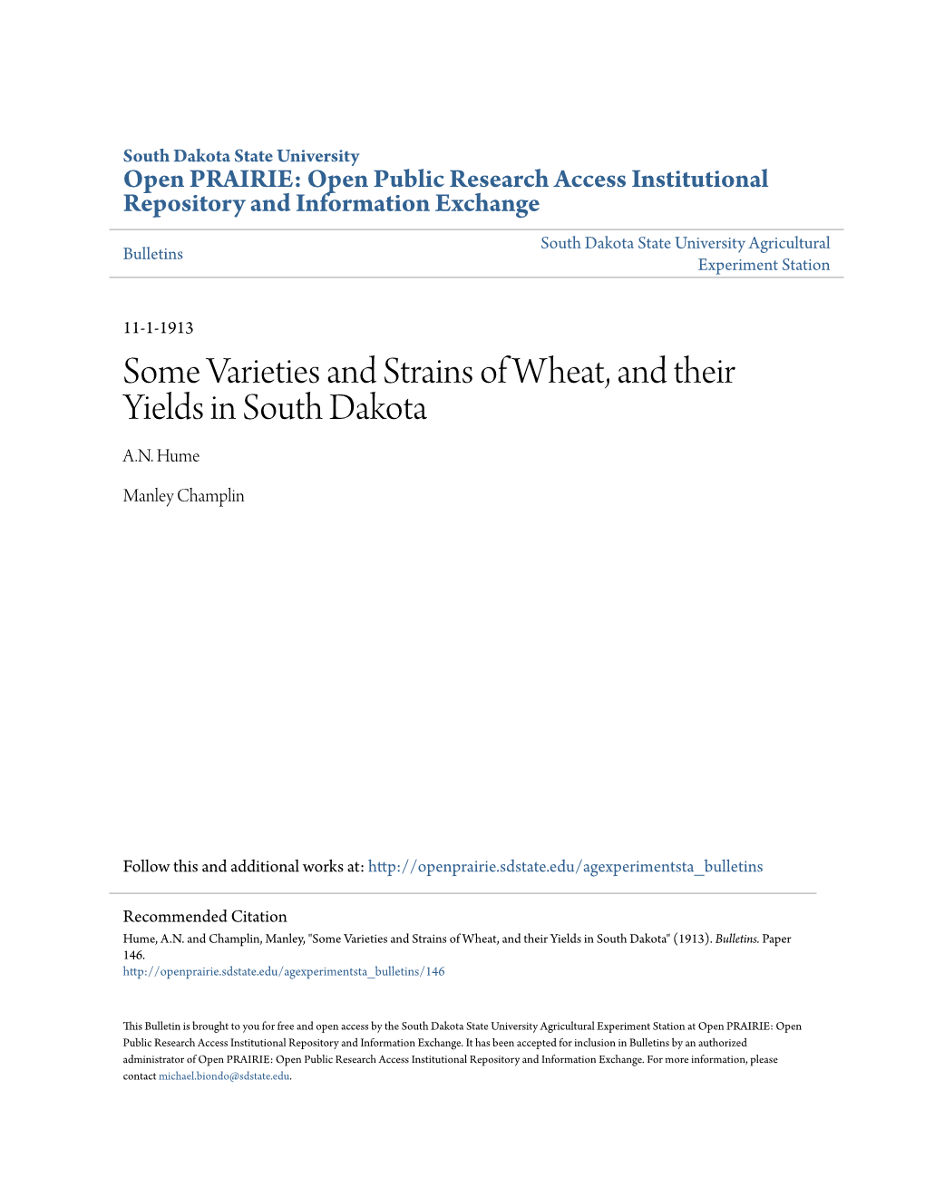 Some Varieties and Strains of Wheat, and Their Yields in South Dakota A.N