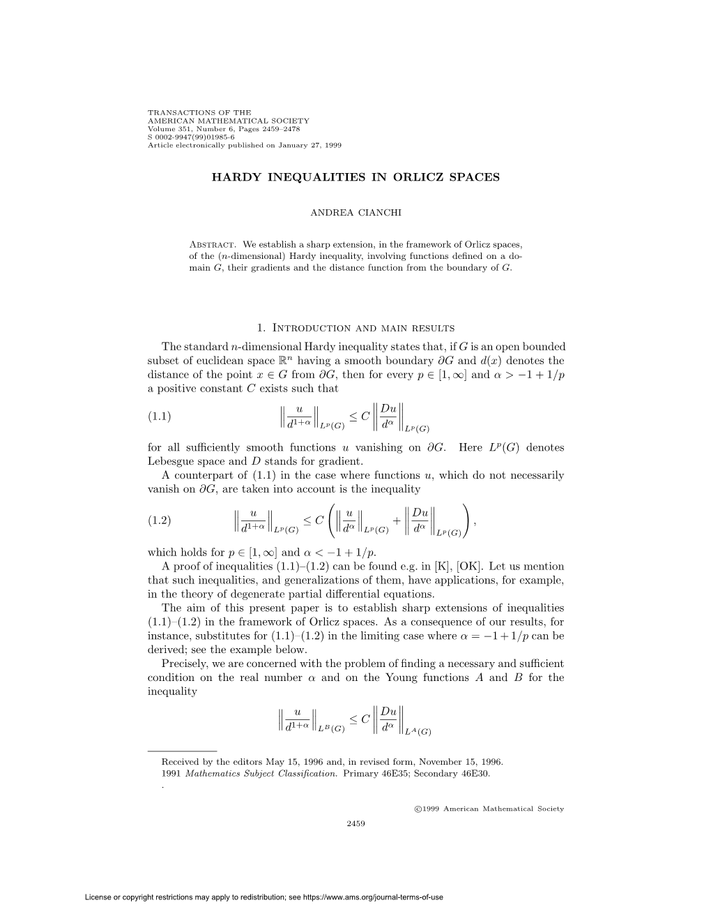 HARDY INEQUALITIES in ORLICZ SPACES 1. Introduction and Main