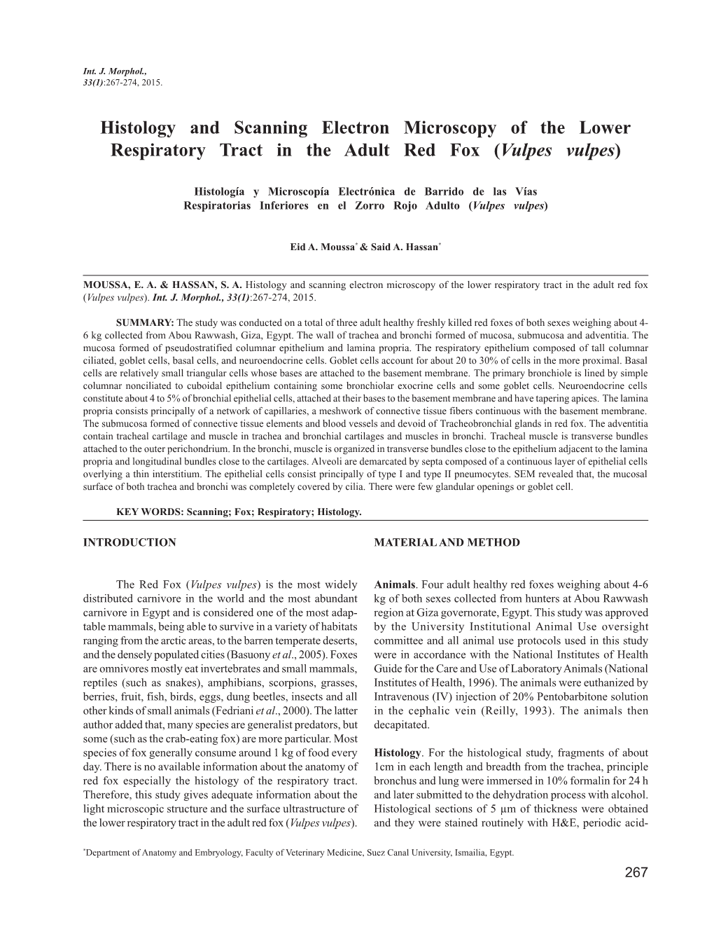 Histology and Scanning Electron Microscopy of the Lower Respiratory Tract in the Adult Red Fox (Vulpes Vulpes)