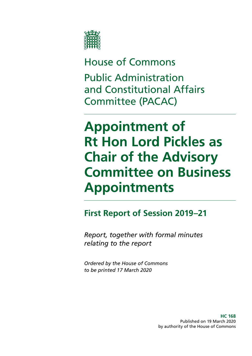 Appointment of Rt Hon Lord Pickles As Chair of the Advisory Committee on Business Appointments