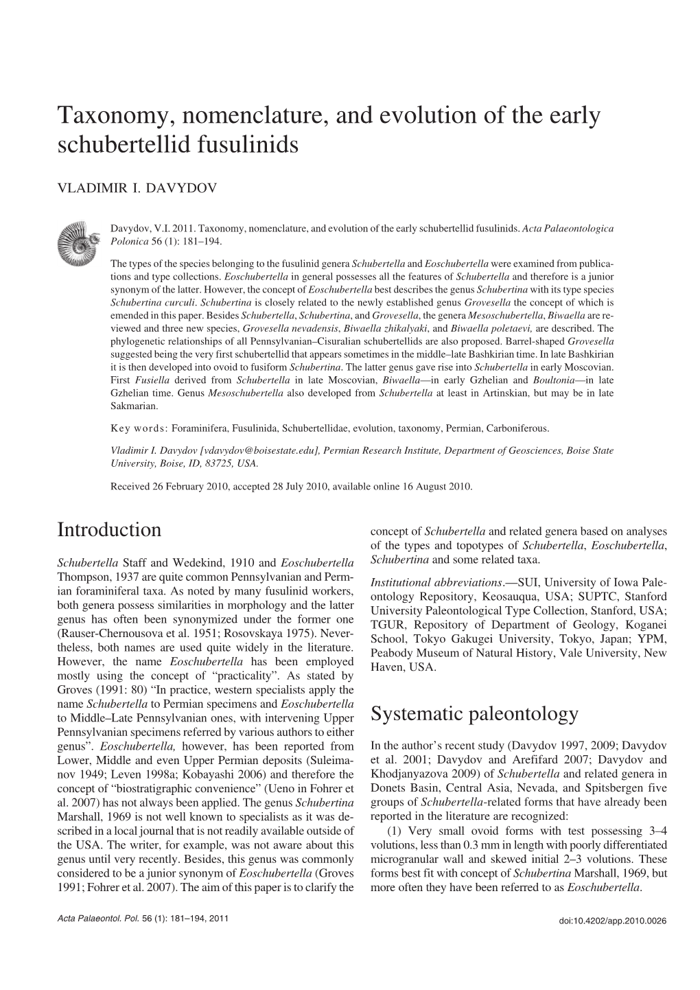 Taxonomy, Nomenclature, and Evolution of the Early Schubertellid Fusulinids