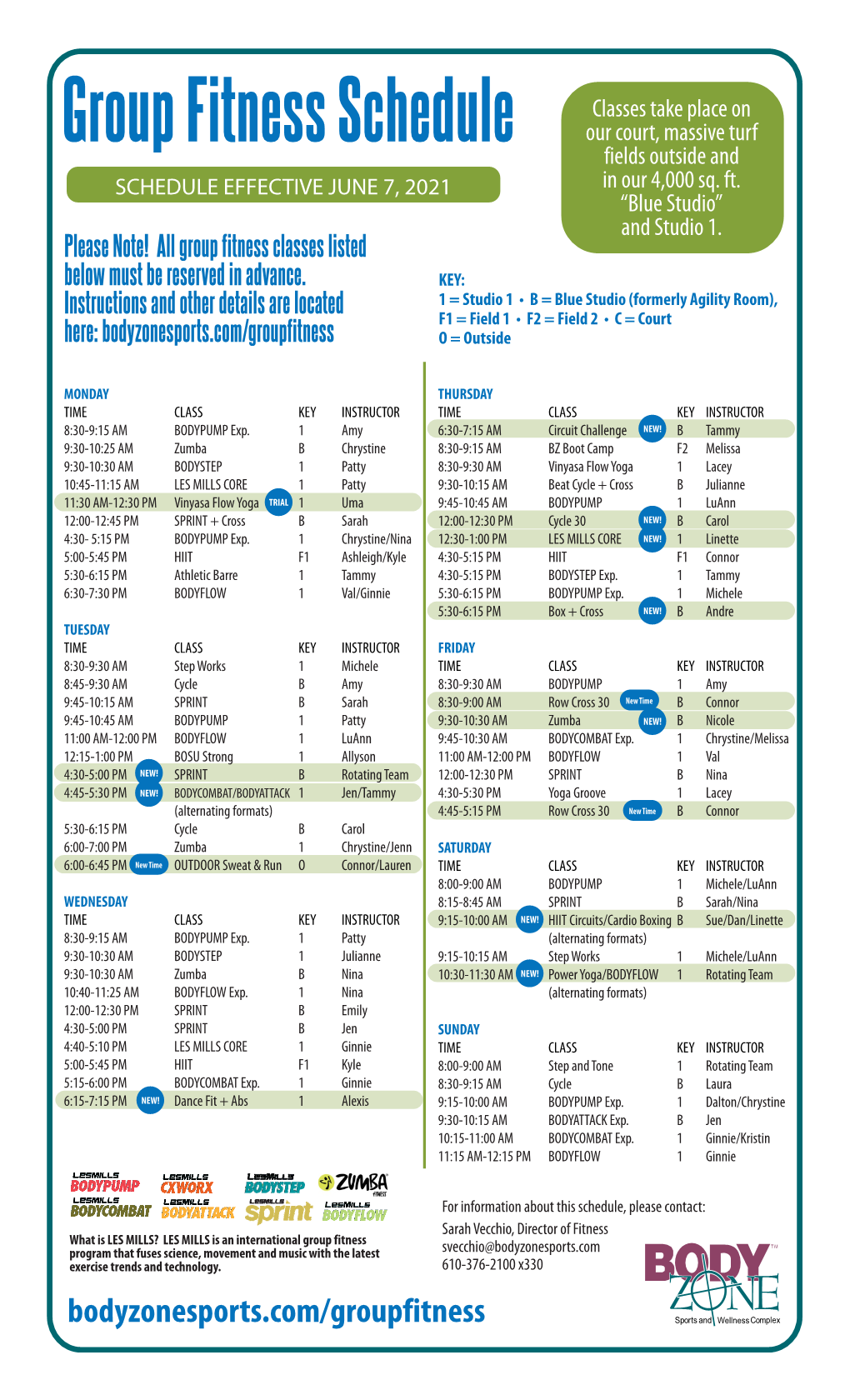 Group Fitness Schedule Our Court, Massive Turf Fields Outside and SCHEDULE EFFECTIVE JUNE 7, 2021 in Our 4,000 Sq