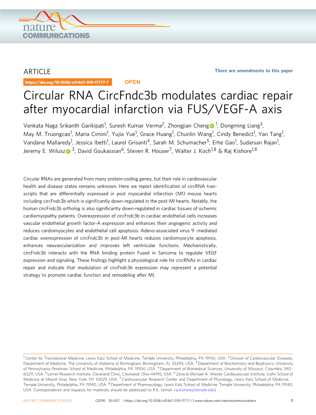 Circular RNA Circfndc3b Modulates Cardiac Repair After Myocardial Infarction Via FUS/VEGF-A Axis