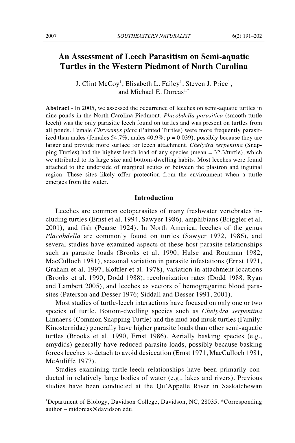 An Assessment of Leech Parasitism on Semi-Aquatic Turtles in the Western Piedmont of North Carolina