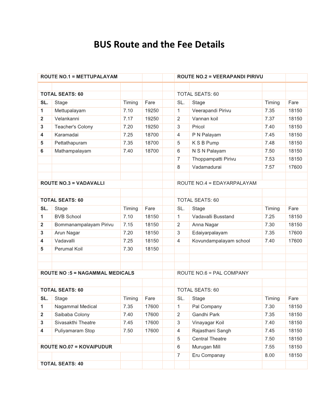 BUS Route and the Fee Details