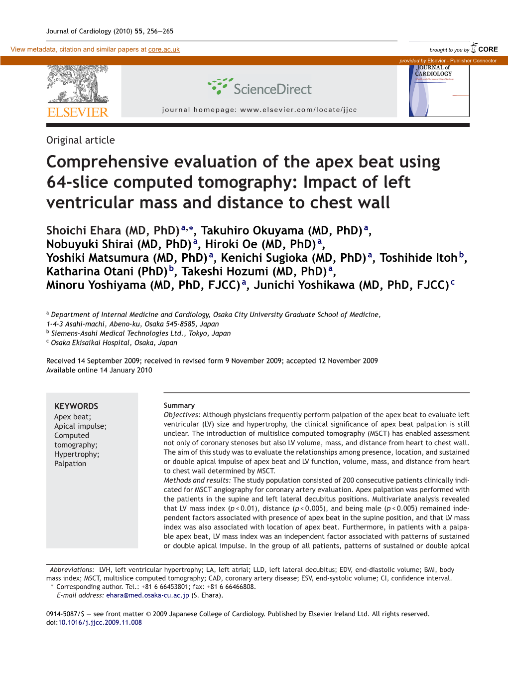 Comprehensive Evaluation of the Apex Beat Using 64-Slice Computed Tomography: Impact of Left Ventricular Mass and Distance to Chest Wall