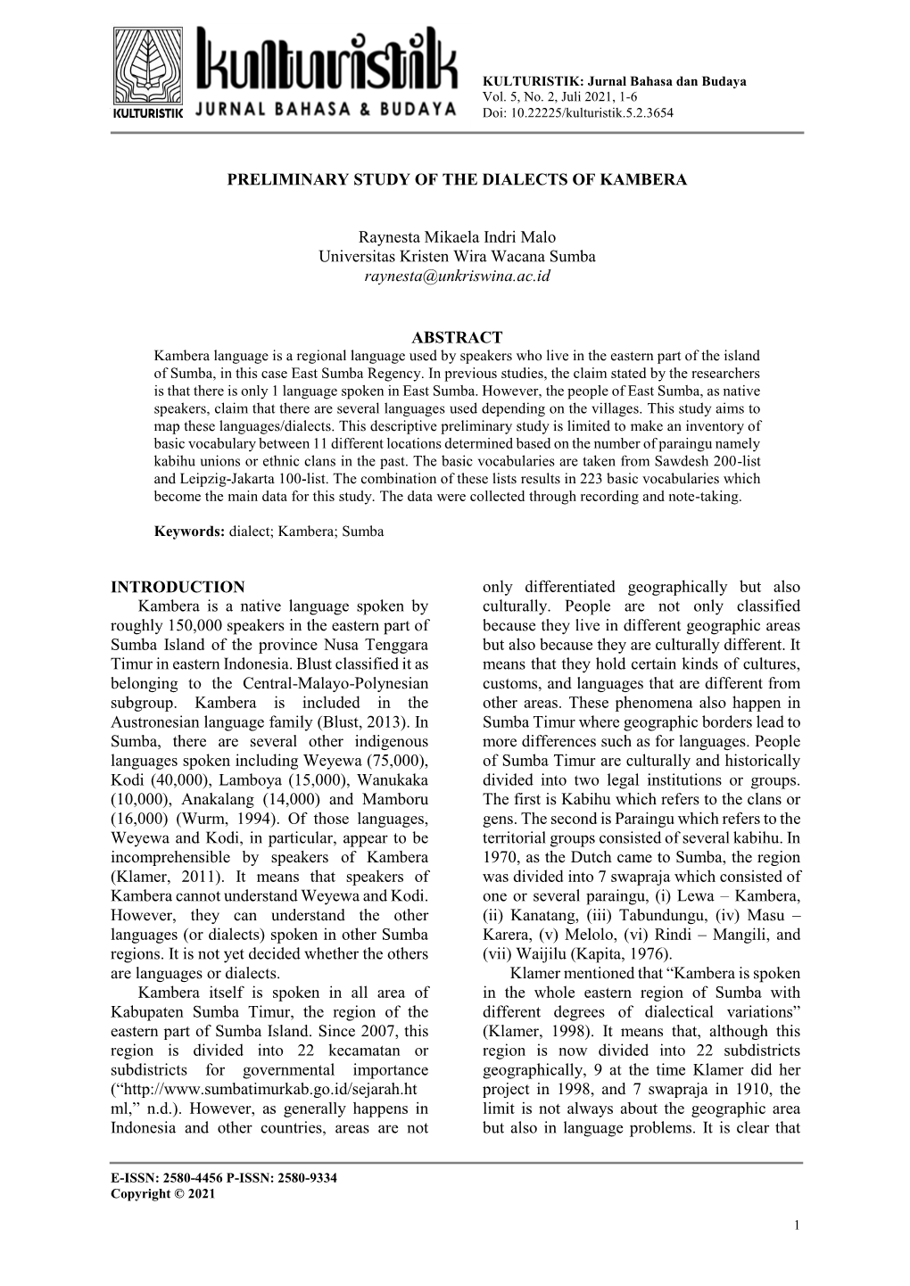 PRELIMINARY STUDY of the DIALECTS of Kamberavol