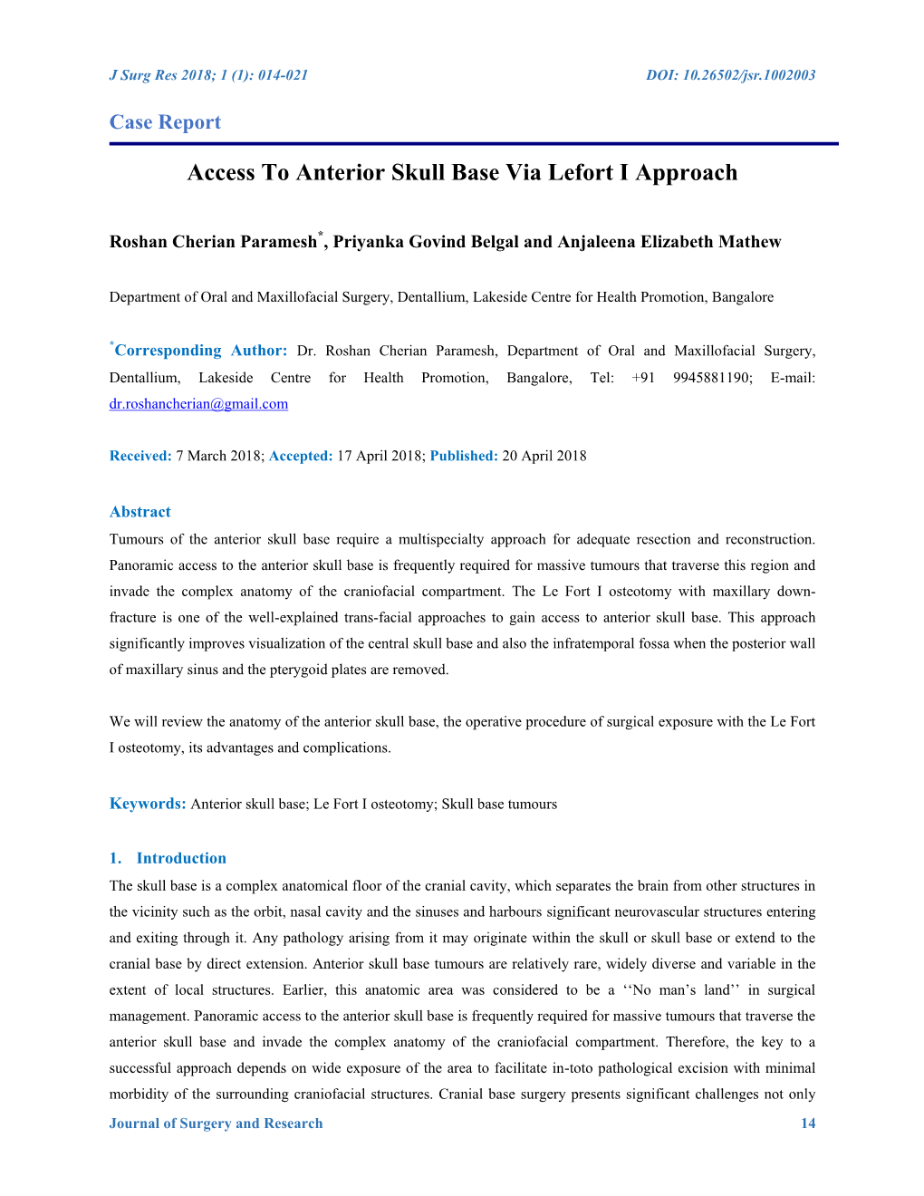 Access to Anterior Skull Base Via Lefort I Approach